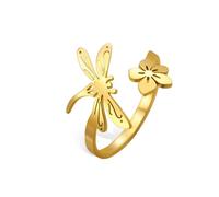 Cute Dragonfly Finger Band Stainless Steel Flying Elves Rings Open Adjustable Wrap Flower Insects Stackable Eternity Promise Statement Ring Comfort Fit Fashion Charming Jewelry for Women Ladies, Metal