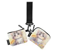 Cute Drawn Cats Bloom Dual Coin Purse Credit Card Holder Wallet Minimalist Zipper Coin Purse Wallet with Keychain for Work Travel 2 Packs case para tarjetas de credito