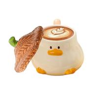 Cute Duck Coffee Mug, Funny Duck Ceramic Coffee Cup with Hat Lid,400 Ml Brown Cartoon Tea Cup, Novelty Morning Mug Christmas Birthday Present for Friends Women Girls