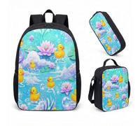 Cute Duck Taco Print 17 Inch Backpack 3 Piece Set for School Kids Quirky Cartoon Pond Lily Pad Design Bookbag (06)