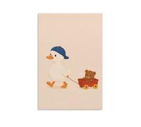 Cute Duck With Blue Cap Pulling Teddy Bear In Red Wagon Wall Art, Soft Beige Background Gentle Nursery Cartoon Illustration Canvas Printed Posters, Whimsical Artwork For Toddler Bedroom Playroom 24x3