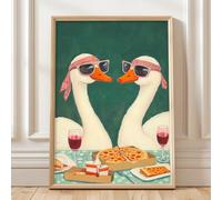 Cute Ducks Picture Pizza Animal Poster Kitchen Food Pictures Funny Duck Wall Art Whimsical Animal Paintings Dark Green Artwork Cocktail Duck Wall Art Modern Kitchen Painting Bedroom 16x24in No Frame