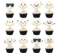 Cute Dumpling Party Cupcake Toppers, White Cartoon Design for Baby Shower, Birthday Celebration, Chinese Food Theme, 36 Pieces