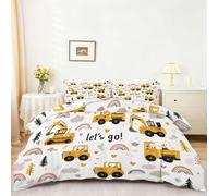 Cute Duvet Cover Set Double Size, Cartoon Bulldozer Rainbow Cloud Breathable Brushed Microfiber Quilt Cover 200 x 200 cm, White Reversible Bedding Set 3pcs with 2 pillowcases, Easy Care