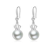 Cute Earrings, Cz Drop Earrings Silver Dangle Crown with White Pearl 40X12mm for Women Valentines Day Jewelry Classic