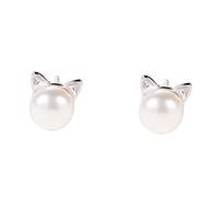 Cute Earrings for Women Studs Earrings Stud Needle Cat Stud Pearl Earrings Silver Cute 925 Silver Earrings Women Earrings for Ramadan Days Easter (Silver, One Size)