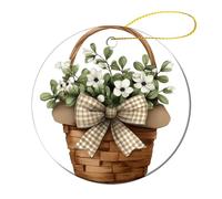 Cute Easter Basket with Greenery White Flowers Christmas Tree Hanging Ornaments,2 Pieces, 7.2CM Round Double-Sided