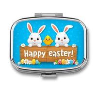 Cute Easter Bunnies Holding Wooden Signs Pill Box 2 Compartment Portable Medicine Pill Case Travel Pill Organizer for Pocket Purse