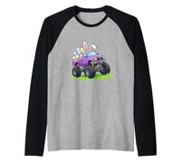 Cute Easter Bunny Driving Monster Truck Colorful Eggs Spring Raglan Baseball Tee