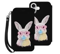 Cute Easter Bunny Leather Wallet Phone Case Compatible with iPhone 16 Series Printed Wrist Strap Flip Protective Cover