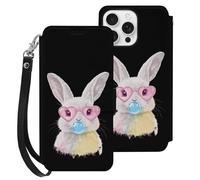 Cute Easter Bunny Leather Wallet Phone Case Compatible with iPhone 16 Series Printed Wrist Strap Flip Protective Cover
