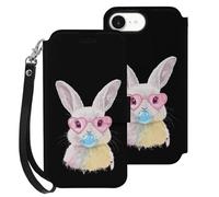 Cute Easter Bunny Leather Wallet Phone Case Compatible with iPhone 16 Series Printed Wrist Strap Flip Protective Cover