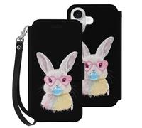 Cute Easter Bunny Leather Wallet Phone Case Compatible with iPhone 16 Series Printed Wrist Strap Flip Protective Cover