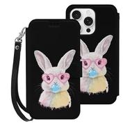 Cute Easter Bunny Leather Wallet Phone Case Compatible with iPhone 16 Series Printed Wrist Strap Flip Protective Cover