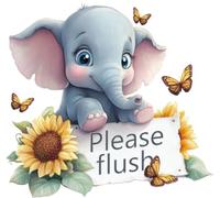 Cute Elephant Bathroom Toilet Stickers, Wall, Toilet Lid & Seat Flush Sign | Cover Marks, Opaque, No White Edge, Qty:1, 20cm, Cute Please Flush Butterfly Reminder for Kids, Use on Tile and Loo Cistern