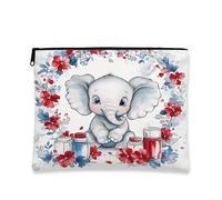 Cute Elephant Cosmetic Bag, Red Blue Floral Travel Makeup Organizer Pouch for Women, Small Canvas Zipper Skincare Storage Gift, Summer Holiday Toiletry Bag, Red Blue, 7x9 Inch, Elephant