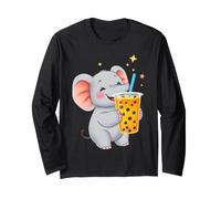 Cute Elephant Enjoying Boba Bubble Tea Drink Long Sleeve T-Shirt