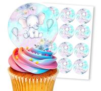 Cute Elephant Hot Air Balloon Party, 12 Edible Paper 2.5" Cupcake Toppers