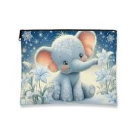Cute Elephant Makeup Bag, Blue Floral Snowy Cosmetic Travel Pouch for Women, Portable Small Canvas Zipper Organizer, Winter Gift Toiletry Bag, Blue, 7x9 Inch, Elephant