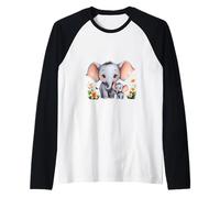 Cute Elephant Mom and Young Calf Floral Art Raglan Baseball Tee