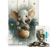Cute Elephant on Swing with Stars Jigsaw Puzzles for Teenagers 1000 Piece Logic Train Skill Play Fun Play Evening Game (50x75cm)