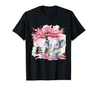 Cute Elephant Ramen Sakura Flowers Artwork Pagoda Tower T-Shirt
