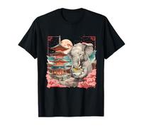 Cute Elephant Ramen Sakura Flowers Pagoda Tower Artwork T-Shirt