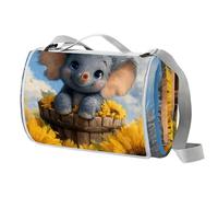 Cute Elephant Sunflower Picnic Blanket Waterproof, Extra Large Picnic Mat 150 X 145 cm, Camping Beach Blanket Washable Foldable, Camping Accessories for Outdoor Activities