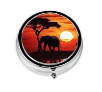 Cute Elephant Sunset Portable Pill Box - Round Pill Organizer Dispense Case, 3 Compartment Medicine Pill Case for Travel, Small Pill Box for Purse & Pocket