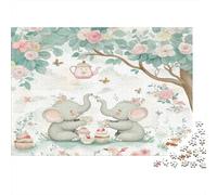 Cute Elephant Tea Party Jigsaw Puzzles Tree Full of Flowers Challenge Toy Educational Games Home Decoration for Adults& Teenager Age 14 Years Up 1000pcs (75x50cm)