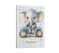 Cute Elephant Wall Art for Nursery Adorable Baby Elephant on Blue Toy Car Watercolor Jungle Animal Poster for Baby Boy Room Toddler Bedroom Or Playroom Wall Decor Gift 24x36inch(60x90cm) Frame