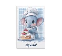 Cute Elephant Wall Art Kids Cartoon Baby Chef Baking Cake Illustration Nursery Animal Poster Decor Baby Room Playroom Classroom Adorable Giraffe Theme Canvas Print Gift Gift 20x30inch Unframe