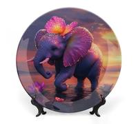 Cute Elephant with Flower Bone China Decorative Plate Ceramic Plates Wall Decor with Display Stand 8inch