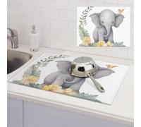 Cute Elephant with Wreath and Little Duck Dish Drying Mat for Kitchen Counter Super Absorbent Microfiber Drainer Mats Large Size Dish Drying Pad Quick Drying Dish Rack Pad 18"x 24"