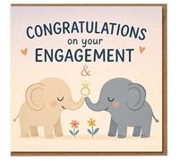 Cute Elephants Engagement Card - Congratulations On Your Engagement - Couple Card with Ring and Hearts - For Fiancé & Fiancée, Partners or Friends