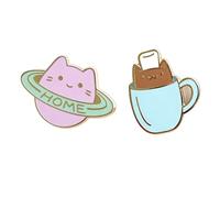 Cute Enamel Pin Set, Space Planet Feline & Coffee Cup Feline Lapel Pins, Decorative Brooches for Backpacks, Jackets, Bags, Unique Gift for Animal Lovers