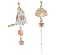 Cute Enamel Pink Sakura Fan Earrings for Women Cat Dangle Charms Statement Spring Floral Cherry Blossom Jewelry Accessories Gifts, Medium, Metal, No Gemstone