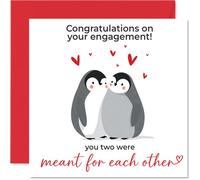 Cute Engagement Card - Two Penguins in Love and Hearts - Adorable Illustration to Celebrate Tying the Knot - 145mm Square, Envelope Included