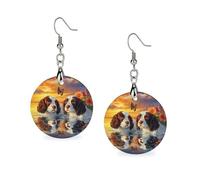 Cute English Springer Spaniel Dogs Women's Drop Earrings Wooden Dangle Pendant with Stud Hoop Jewellery Gifts