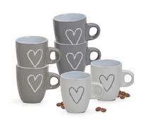 Cute Espresso Cups Set of 6 with Heart in Grey, Beige, White - Beautiful Espresso Cups with Handle for Italian Coffee - Small 50 ml Cups Microwave Safe Dishwasher Safe as a Gift