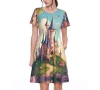 Cute Fairy Tale Castle04 Print Ladies Novelty Dresses Casual Beach Summer Dresses for Women Sundress with Pocket, Black, L