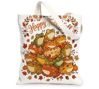 Cute Fall Frog Canvas Tote Bag for Shopping 13x15, Weird Autumn Pumpkin Sunflower Reusable Grocery Print Bag for Women, Animal Aesthetic Painting Gift Decor