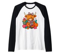Cute Fall Highland Cow with Pumpkins and Plaid Scarf Raglan Baseball Tee