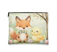 Cute Fanciful Makeup Bag, Fox and Chick Easter Cosmetic Travel Pouch for Women, Portable Canvas Zipper Organizer, Spring Holiday Toiletry Bag 7x9 Inch