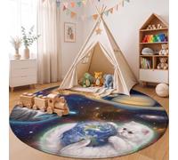Cute Fantasy Animals Round Rugs 100cm, Deep Blue | Washable Soft Low Pile, Non-shedding, Universe Cat Earth Circle Area Rug with Non-slip Backing for Kids Bedroom, Playroom and Reading Corner
