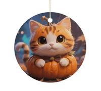 Cute Fantasy Thanksgving Cat Pumpkin Double-Sided Ceramic Christmas Ornaments - Round Hanging Mini Xmas Tree Decorations, Ideas for Farmers, Rustic Home Decor for Indoor Outdoor Tree Deco