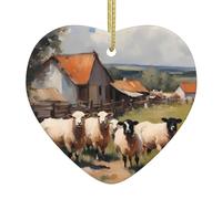 Cute Farm animalsChristmas Heart-Shaped Ceramic Pendant with a Printed Pattern 2.9 inches in Diameter
