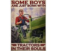 Cute Farmer Poster Metal Tin Sign, Some Boys Are Born With Tractors, Chic Retro Art Garage Tavern Man Cave Tractor Club Novelty And Interesting Bathroom Toilet Decoration Retro Metal Tin Sign 8X12 Inches
