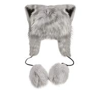 Cute Faux Fur Animal Pattern Fox Hat Soft Plush Full Hood Hats Earflap Skull Caps Thermal Fluffy Plush Beanie Cap Head Warmer Snow Winter Ski Cap Costume Christmas Birthday Gift Grey