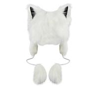 Cute Faux Fur Animal Pattern Fox Hat Soft Plush Full Hood Hats Earflap Skull Caps Thermal Fluffy Plush Beanie Cap Head Warmer Snow Winter Ski Cap Costume Christmas Birthday Gift White